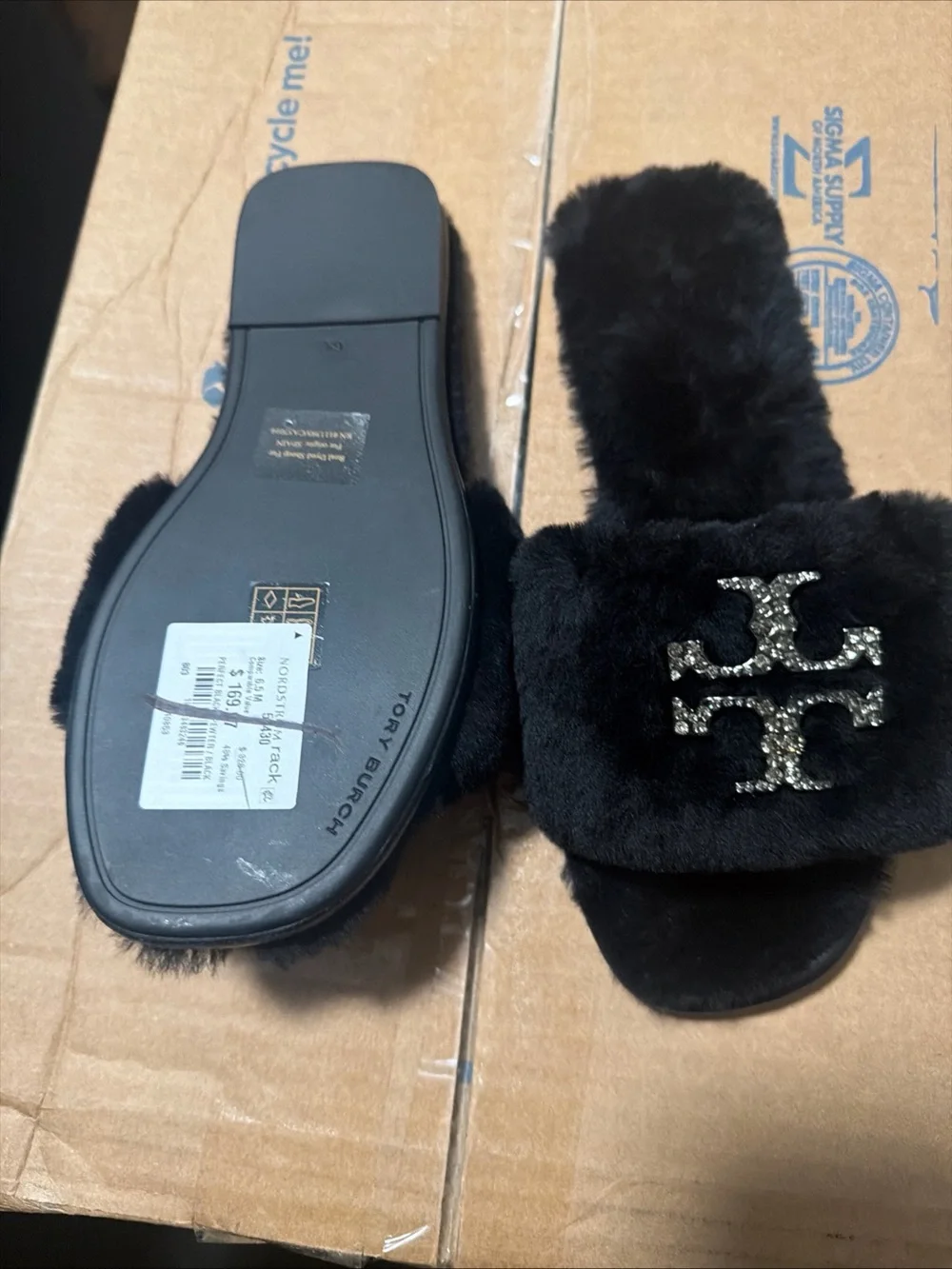 Tory Burch Double T Black Sheepskin Shearling Slide Slippers Womens 6.5 no box